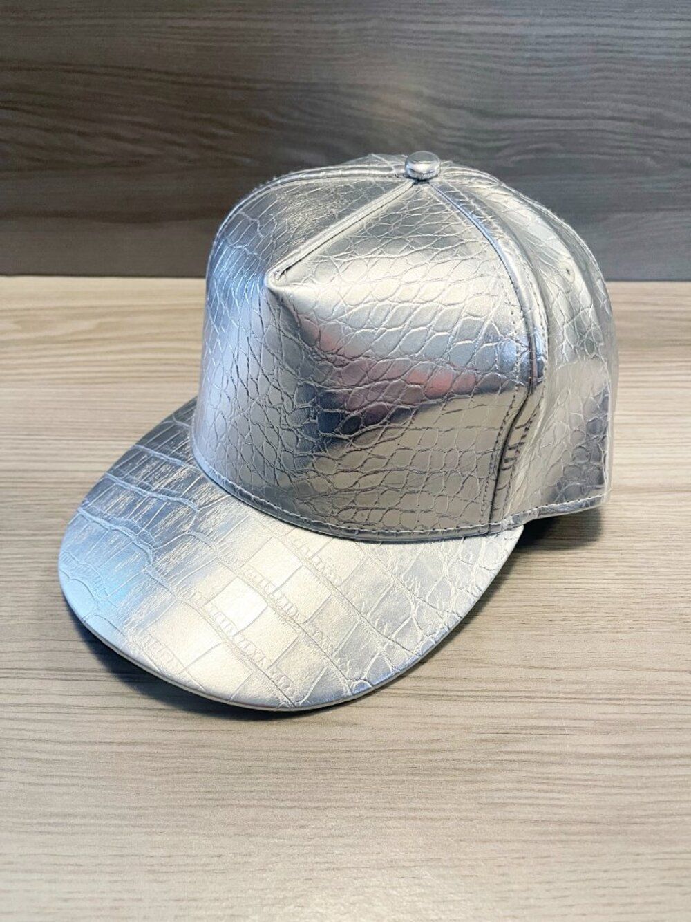 Silver Metallic Croc Embossed Baseball Cap Faux Leather Adjustable Hat Cosplay